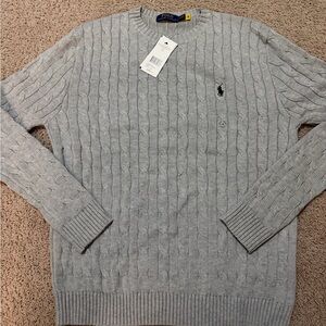 Ralph Lauren Men's Grey Cable Knit Crewneck Sweater